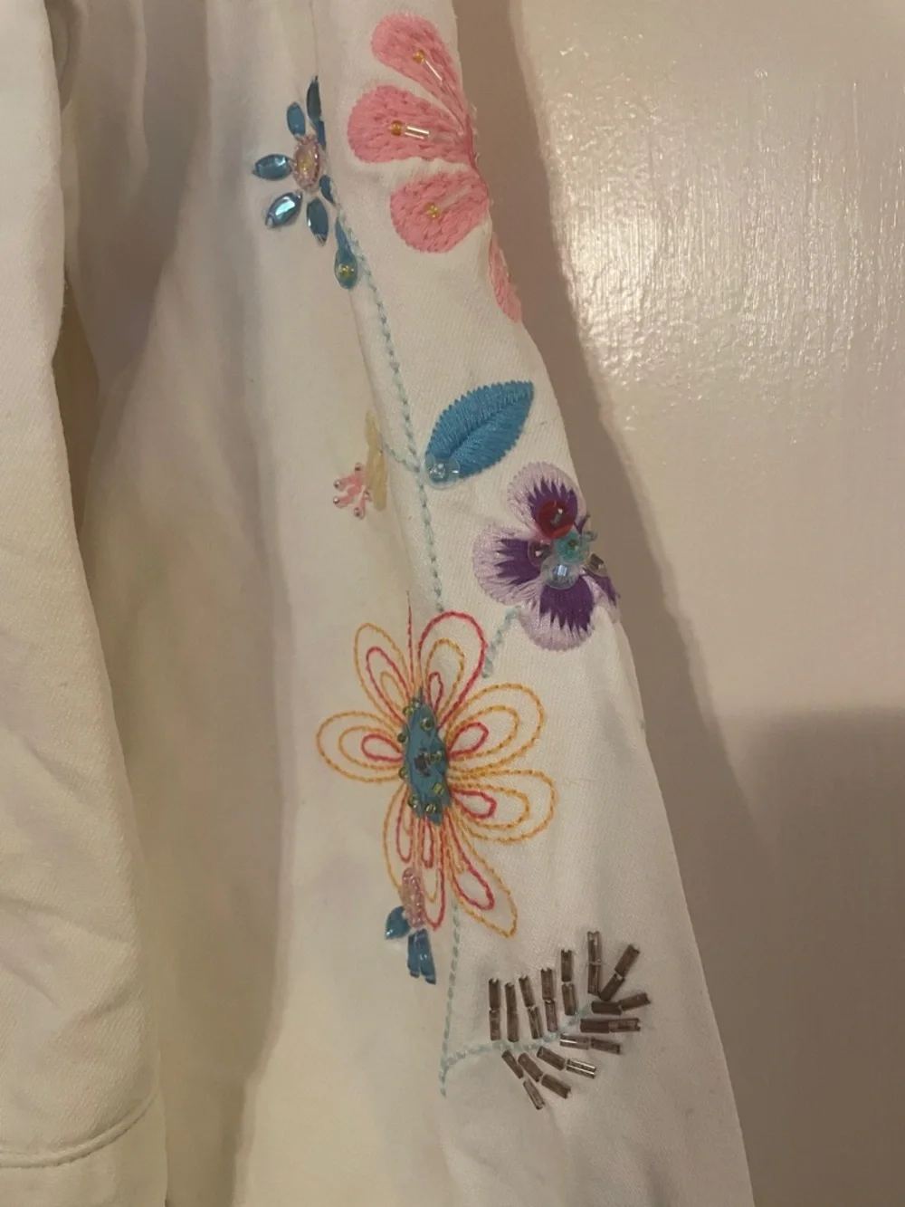 Girls GAP White Floral Embroidered Denim Jacket - Cottagecore Boho Chic size 12